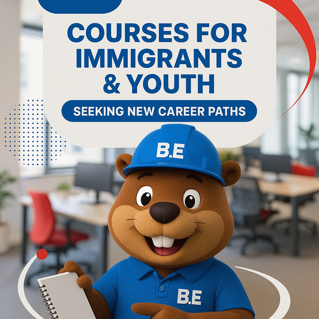 Create an engaging Instagram Reel featuring B.E., the mascot, in a vibrant office environment showcasing B.E. Academy's diverse range of courses. Highlight interactions with educational materials, focusing on offerings for immigrants and youth seeking new career paths. Use bold sans-serif typography, maintaining clear structure and white space. Employ primary blue with red accents and white highlights throughout. Integrate circular and swoosh graphics to emphasize movement and engineering themes. Position 'B.E.' logo using the real brand logo at the top or bottom for visibility. Maintain a balanced layout with readability, avoiding clutter, unreadable text, and off-brand colors. Aspect ratio: 9:16, ideally suited for Instagram.